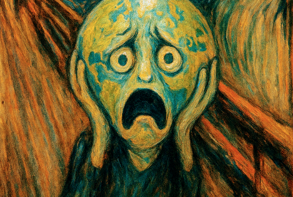 A surreal painting of a screaming Earth with human features, set against swirling green and blue skies.