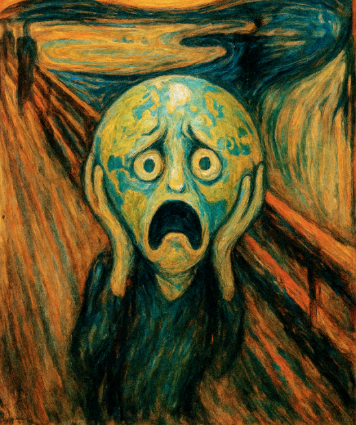 A surreal painting of a screaming Earth with human features, set against swirling green and blue skies.
