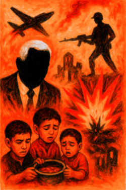 Expressionist painting of war: faceless tyrant, armed soldier, and Middle Eastern children amid fiery chaos.
