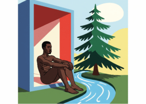This abstract image features a man seated in a tranquil, idealized setting with a fir tree and flowing water, suggesting a moment of peaceful reflection within nature.