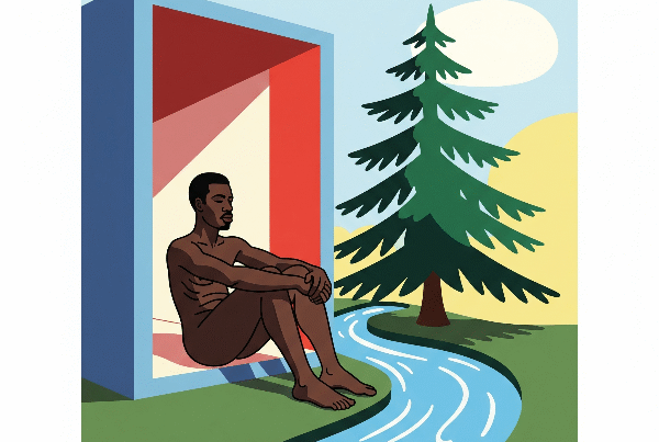 This abstract image features a man seated in a tranquil, idealized setting with a fir tree and flowing water, suggesting a moment of peaceful reflection within nature.