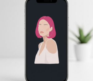 A smartphone displays an abstract woman with pink hair on a dark background.