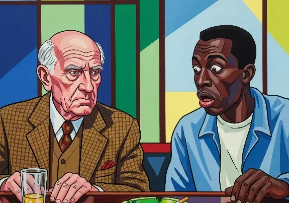 Serious older British veteran and a stunned younger Black man sit at a bar—two generations divided by war, united by legacy.