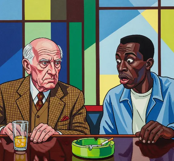 Serious older British veteran and a stunned younger Black man sit at a bar—two generations divided by war, united by legacy.