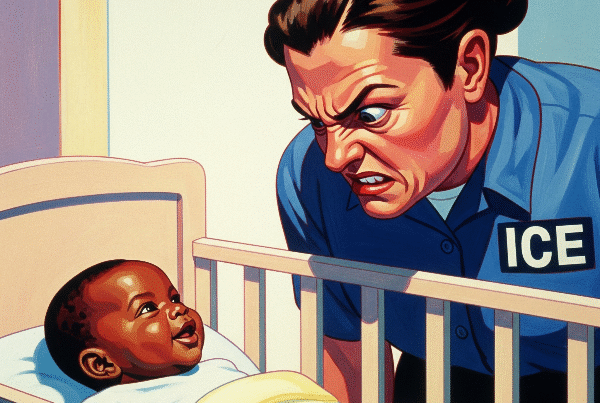 An angry ICE agent peering into a cot at a smiling brown baby. Skendong Poetry.