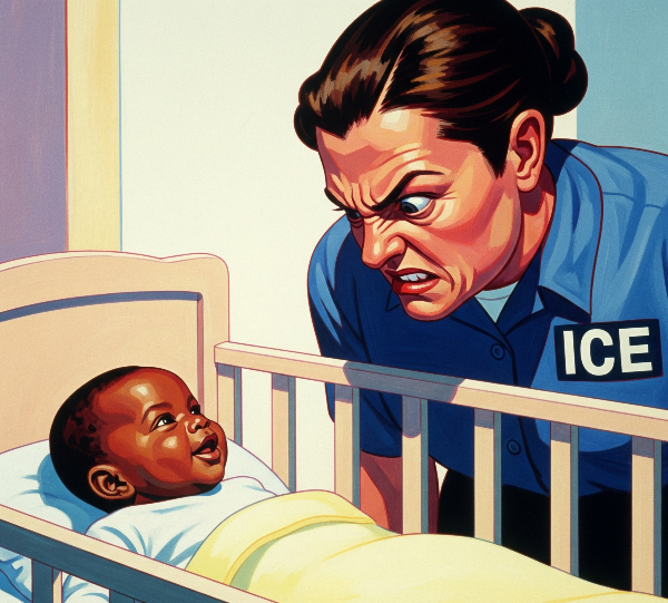An angry ICE agent peering into a cot at a smiling brown baby. Skendong Poetry.