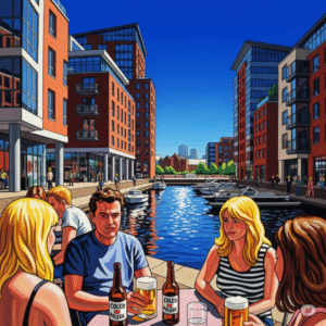 A stylized, vibrant image in the style of David Hockney, depicting Ancoats Marina in Manchester. Modern red-brick and white buildings line a blue canal where boats are moored. In the foreground, people with blonde and brown hair are seated at outdoor tables, enjoying glasses and bottles of beer under a clear blue sky.