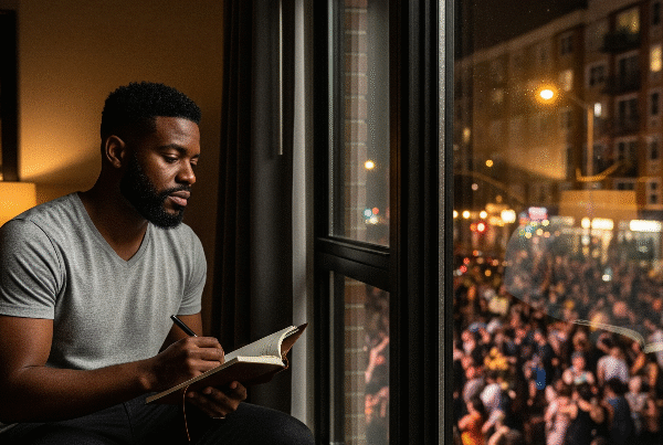 A black man with a beard sits at a desk in his apartment, writing in a notebook, while looking out the window at a crowd of concert-goers walking by on the street below at night. Skendong Poetry.