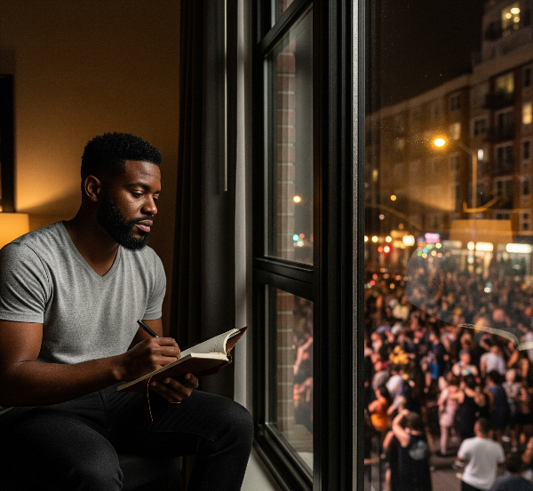 A black man with a beard sits at a desk in his apartment, writing in a notebook, while looking out the window at a crowd of concert-goers walking by on the street below at night. Skendong Poetry.