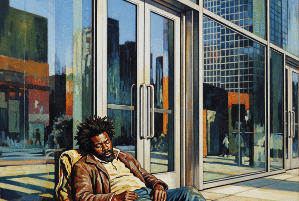 Painting of a disheveled Black man sleeping on a blanket outside a modern glass skyscraper