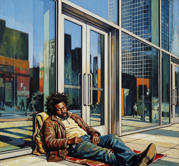 Painting of a disheveled Black man sleeping on a blanket outside a modern glass skyscraper