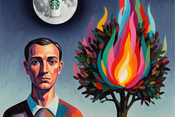 A man by a fiery bush beneath a stylized moon with a Starbucks cup.
