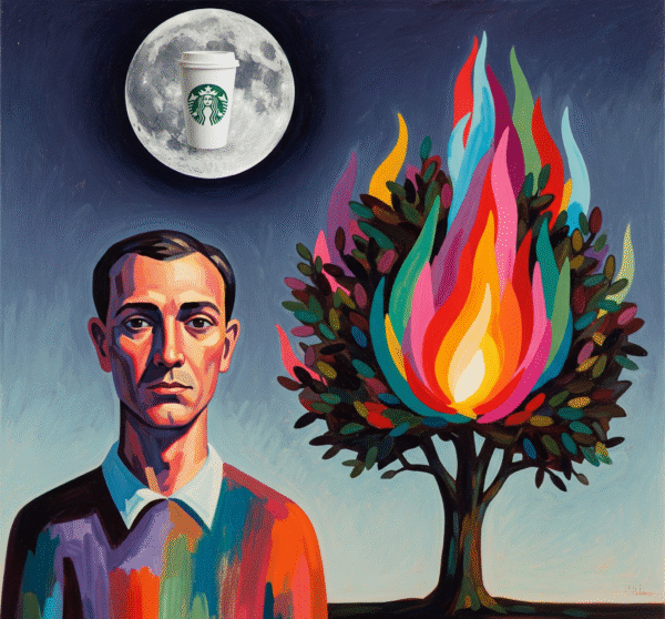 A man by a fiery bush beneath a stylized moon with a Starbucks cup.