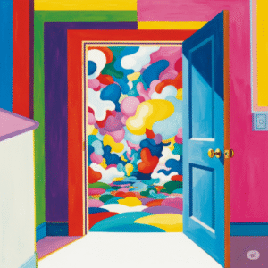 A bright room with an open door, spilling into a wash of assorted colors.