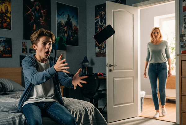 A young teen throws his cell phone in panic as his mother opens his bedroom door.