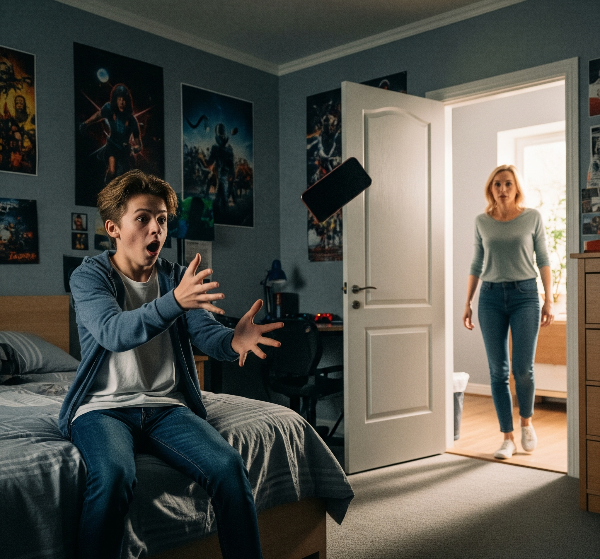 A young teen throws his cell phone in panic as his mother opens his bedroom door.