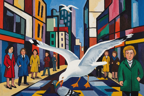 An abstract, Hockney-style painting depicts a large white herring gull preying on a pigeon in a vibrant, geometric urban landscape, with simplified human figures observing indifferently.