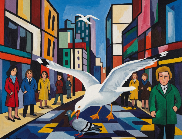 An abstract, Hockney-style painting depicts a large white herring gull preying on a pigeon in a vibrant, geometric urban landscape, with simplified human figures observing indifferently.