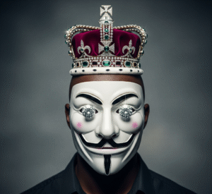A striking image features a bald Black man wearing a white Anonymous mask, adorned with a jeweled crown, and his eyes are sparkling diamonds, set against a grey background.
