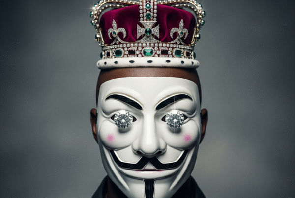 A striking image features a bald Black man wearing a white Anonymous mask, adorned with a jeweled crown, and his eyes are sparkling diamonds, set against a grey background.