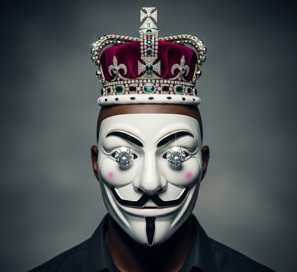 A striking image features a bald Black man wearing a white Anonymous mask, adorned with a jeweled crown, and his eyes are sparkling diamonds, set against a grey background.