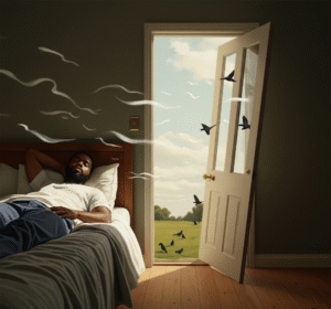 a black male lay on a bed on a bright afternoon with birds outside an unhinged door_skendong_poetry