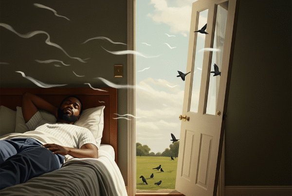 a black male lay on a bed on a bright afternoon with birds outside an unhinged door_skendong_poetry