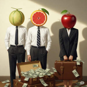 Surreal image of two men with fruit heads (melon, grapefruit) and a woman with an apple head, dressed in business attire and holding briefcases spilling money.