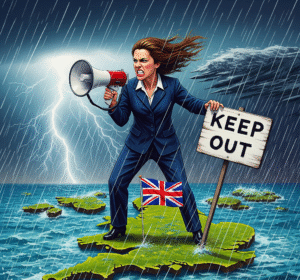 A woman with a megaphone stands on a storm-battered UK islet, beside a flapping British flag and a "KEEP OUT" sign.