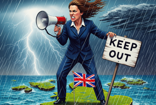 A woman with a megaphone stands on a storm-battered UK islet, beside a flapping British flag and a "KEEP OUT" sign.