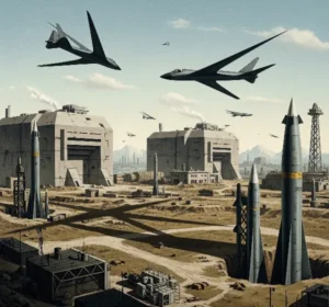Dystopian image showing a grim landscape with military bunkers, aircraft, and missiles.