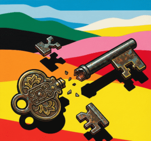 An old, ornate Palestinian Nakba key, broken into several pieces, set against a background of bold, colorful, abstract landscapes.
