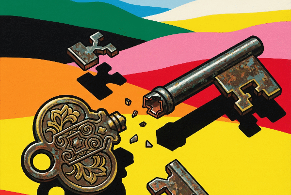 An old, ornate Palestinian Nakba key, broken into several pieces, set against a background of bold, colorful, abstract landscapes.