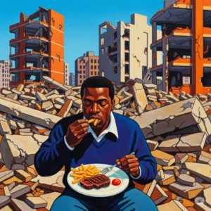 painting of a Black man eating steak and chips in a bombed city.