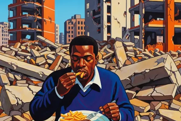 painting of a Black man eating steak and chips in a bombed city.