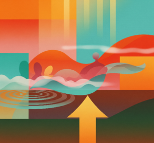 An abstract image featuring bold color blocks, waves, and an upward arrow, with elements suggesting warmth, reflection, and spiritual themes.