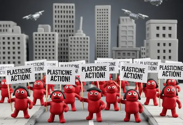 Little Morph-like clay figures marching in a protest, holding miniature banners saying “Plasticine Action!”