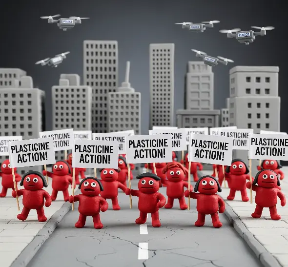 Little Morph-like clay figures marching in a protest, holding miniature banners saying “Plasticine Action!”