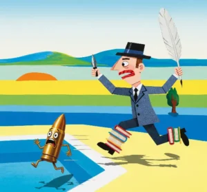 Bullets Meet Breath. A cartoon image of a paper poet man chasing a very frightened bullet. Skendong Poetry
