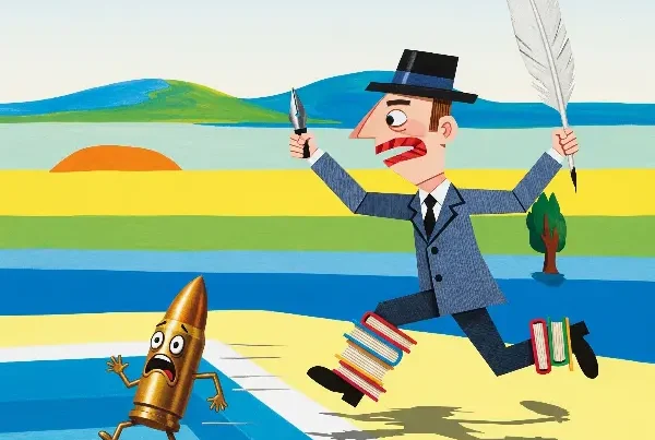 Cartoon image of a paper poet man chasing a very frightened bullet. Skendong Poetry