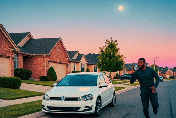 A VW Golf on a bright suburban street, with a black male running with a mobile phone in his hand.