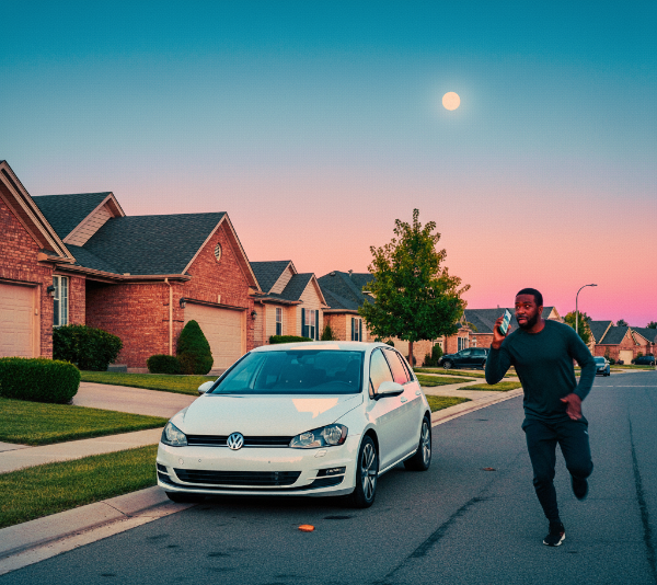 A VW Golf on a bright suburban street, with a black male running with a mobile phone in his hand.