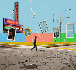 A black male walks through a digital-collage suburb scene.