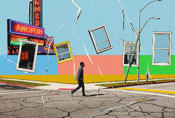 A black male walks through a digital-collage suburb scene.