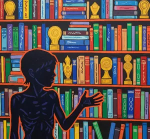 Painting of a silhouetted, starving child in front of a colorful bookshelf filled with books and awards.