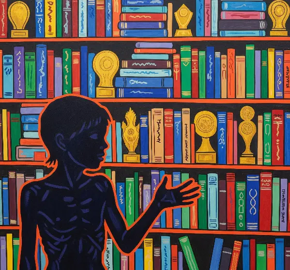 Painting of a silhouetted, starving child in front of a colorful bookshelf filled with books and awards.