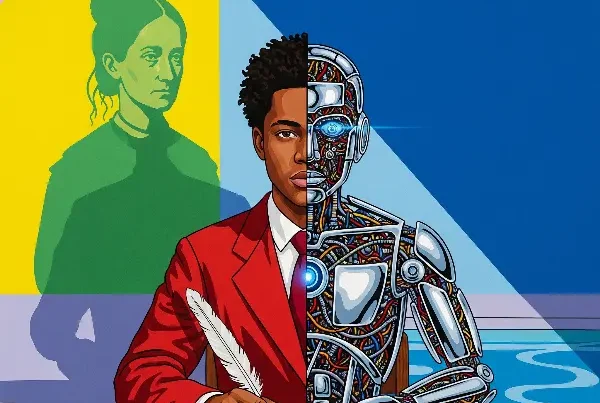Black male, half artificial robot with a quill writing at a desk with the shadow of Emily Dickinson behind him.
