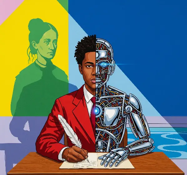 Black male, half artificial robot with a quill writing at a desk with the shadow of Emily Dickinson behind him.