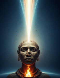 A symbolic portrait of a figure with a missing nose and a flame, with rays of light and symbols from various world religions converging on the figure's head.