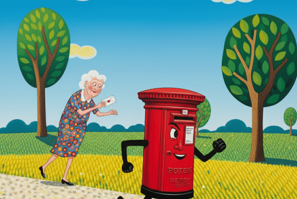 An old lady with a letter in her hand chasing a red post box down the road.